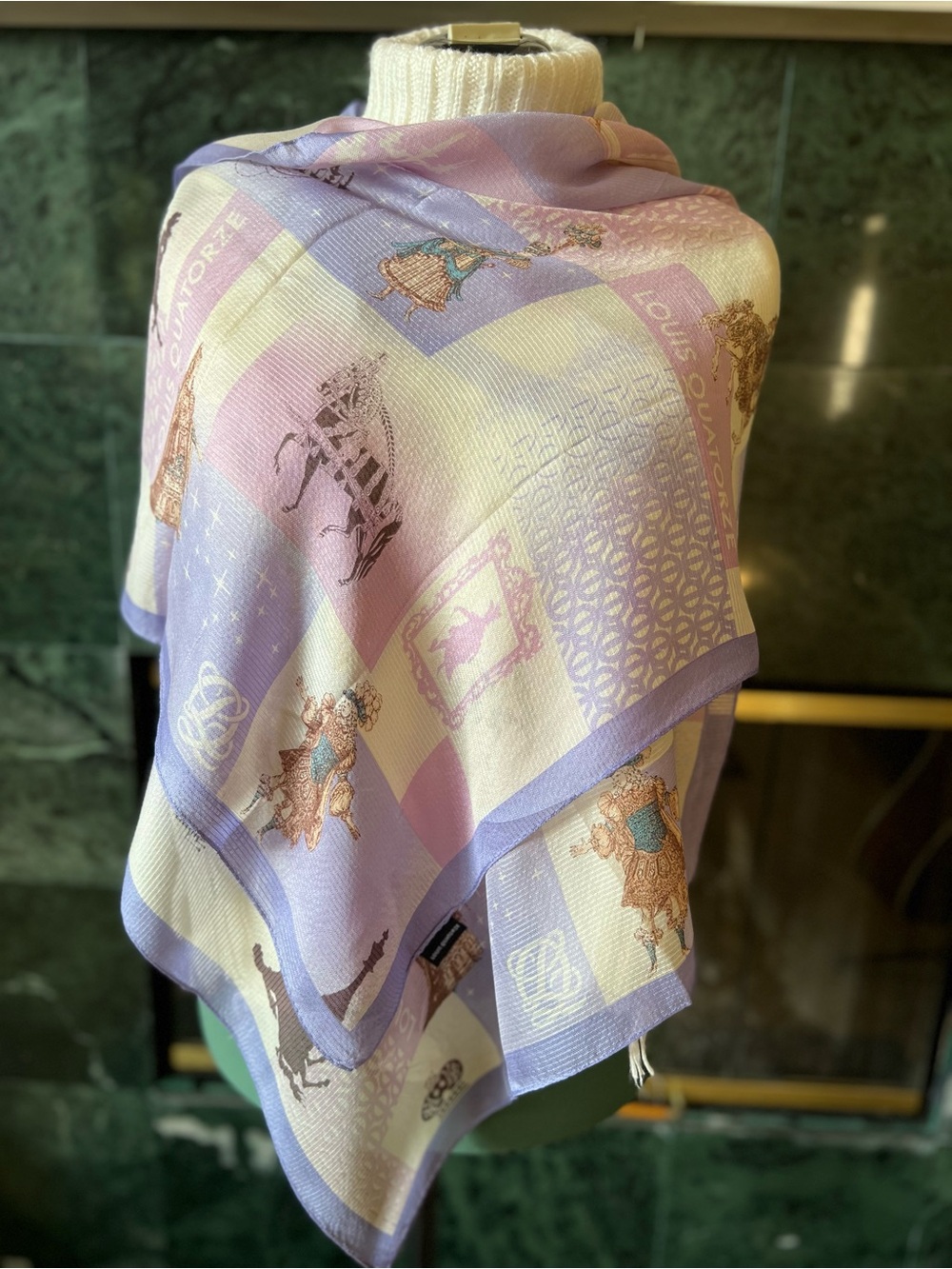 Vintage Louis Quatorze Lavender Pastel Silk Scarf French Style Monogram Wrap EUC